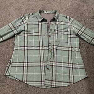 Unisex Plaid Button Down Flannel Top in Green and Brown.
